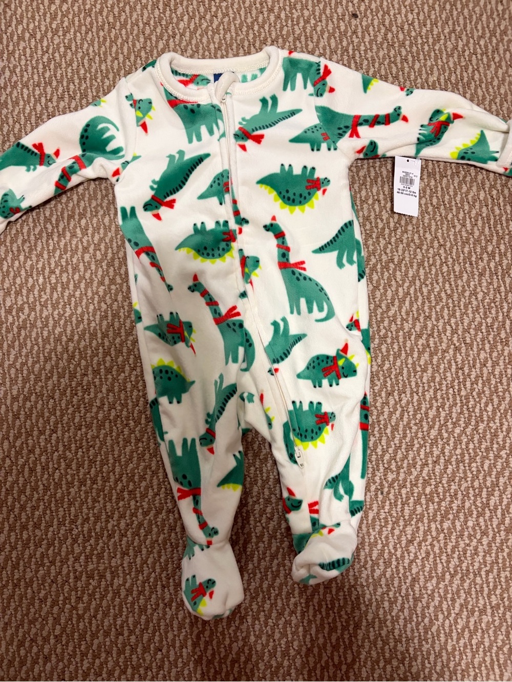 Old Navy 0-3M Green and White Dino Fleece Footed One-Piece